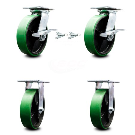 Service Caster 8 Inch Green Poly on Cast Iron Caster Brakes/Swivel Locks and 2 Rigid SCC, 2PK SCC-35S820-PUR-GB-SLB-BSL-2-R-2